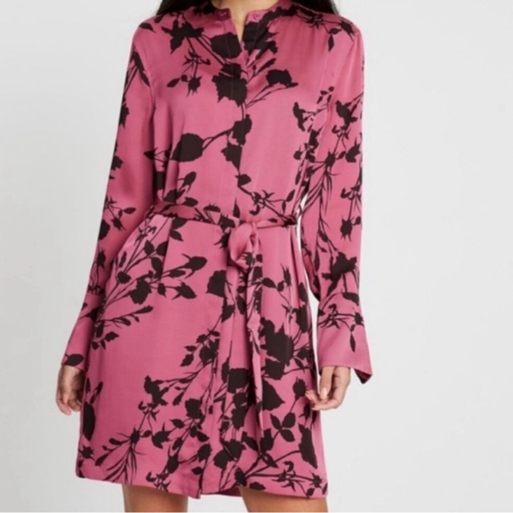 Equipment Roseabelle Pink Floral Button-Down Charmeuse Large Belted Work Dress